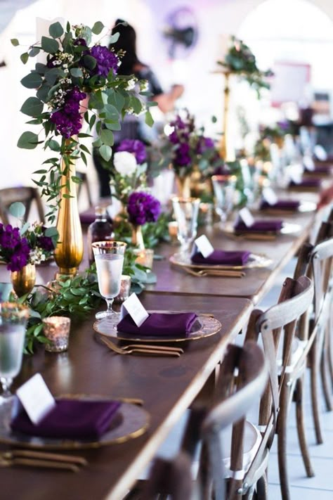 Lavender Wedding Decor Ideas For The Prettiest Wedding Ever ★ lavender-wedding-decor-ideas-table-decor-blfStudios Royal Purple Wedding, Purple Wedding Tables, Purple Wedding Decorations, Purple And Gold Wedding, Purple Bridal Shower, Corporate Events Decoration, Diy Wedding Reception, Purple Table, Purple Stuff