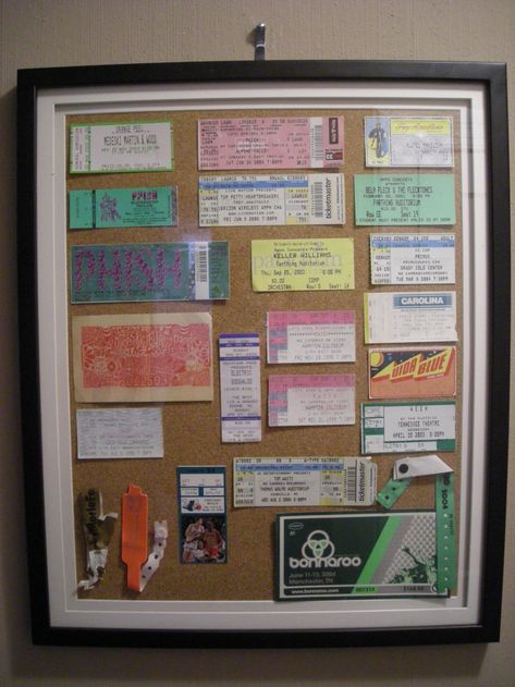 What to do with those old concert tickets? – The Morning Slide Concert Ticket Art, Concert Ticket Display, Ticket Display, Memory Ideas, Rock Room, Empty Picture Frames, Vinyl Record Display, Concert Ticket, Ticket Stub