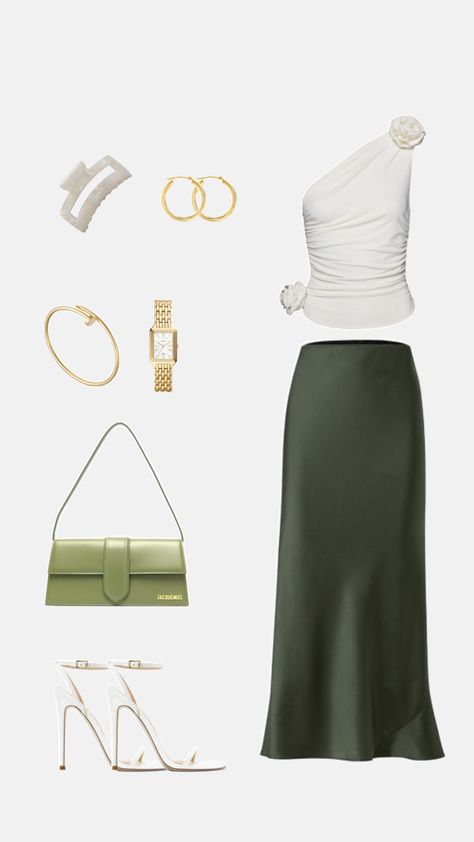 Fancy woman’s outfit: Green & white combination with the taste of gold. White Beige Outfit, Fancy Woman, Outfit Semi Formal, Green Outfits For Women, Green Outfits, Clothes Brand, Brand Ideas, Beige Outfit, Expensive Clothes