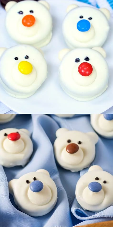 Oreo Cookie Designs, Polar Bear Desserts, Edible Christmas Crafts, Bear Desserts, Polar Bear Food, Polar Bear Cookies, Snack Halloween, Kue Macaroon, Resepi Biskut