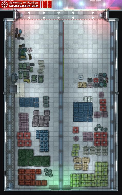 Spaceport Cargo Bay (25x40) |  Miska's Sci-Fi Maps auf Patreon Sci Fi Rpg, Sci Fi Games, Cyberpunk Rpg, Ship Map, Halo Game, Dnd World Map, Sci Fi City, Tabletop Rpg Maps, Drawn Map