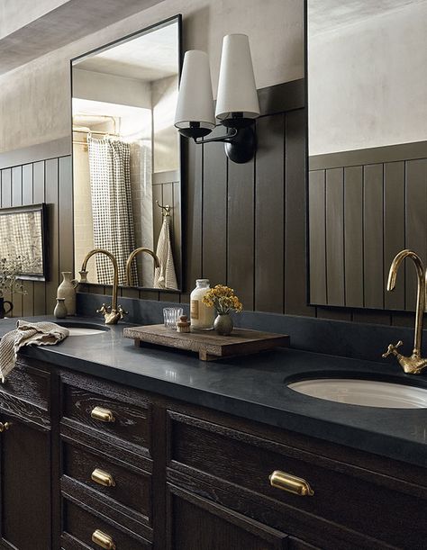 main bathroom tonal paneling | lower-level reno ranch bungalow dated Ranch Bungalow, Bungalow Basement, Ashley Montgomery, Moody Master, Decorate A Bathroom, New Orleans Style Homes, Modern Organic Home, Cinder Block Walls, Shiplap Ceiling