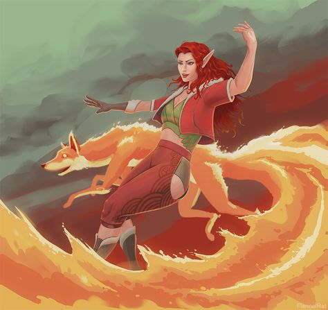 [RF] Wildfire Druid with Fox wildfire spirit : characterdrawing Vestiges Of Divergence, Circle Of Wildfire Druid, Wildfire Spirit, Fire Druid, Dnd Adventurer, Wildfire Druid, Dnd Druid, Place To Draw, Redhead Art