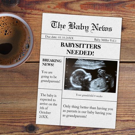 Funny Newspaper Pregnancy Announcement For Parents Pregnancy Announcement For Parents, Baby Announcement To Parents, Cute Pregnancy Announcement, Funny Pregnancy Announcement, Pregnancy Announcement Cards, Pregnancy Humor, Mom Stuff, Due Date, Maternity Shoot