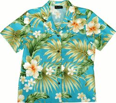 Full Bloom, plumeria & hibiscus, Women's Hawaiian style women's Puanani Shirt created in Coral and Blue.  MauiShirts search box stock number: W-Q-415S-UN Beachy Clothes, Shirt Concept, Obx Outfits, Florida Flamingo, We Are Not The Same, Masc Fits, Sunset Island, Hawaiian Vintage, Working Outfit