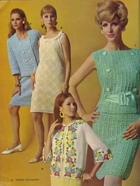 vintage everyday: Colourful Knitting Sweaters in 1967 Colourful Knitting, 60s Vintage Fashion, Pastel Dresses, 1970 Fashion, 60’s Fashion, Superstar Barbie, 1960 Fashion, Knitting Sweaters, Vintage Needlework