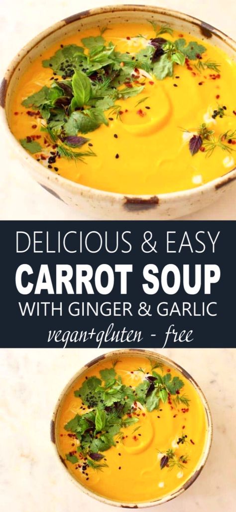 Carrot Ginger Coconut Soup, Carrot And Parsnip Soup, Recipe With Ginger, Carrot Ginger Soup Recipe, Veggie Society, Vegan Carrot Soup, Pumpkin Puree Recipes, Creamy Carrot Soup, Carrot Soup Recipes