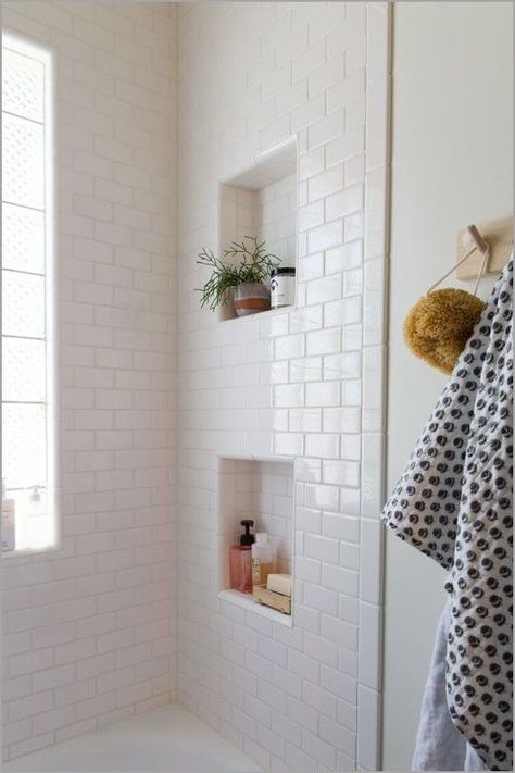 Bathroom Small Bathroom Ideas No Window, Recessed Shower Shelf, White Subway Tile Shower, Tiled Bathroom, Recessed Shelves, Subway Tile Showers, Shower Renovation, Shower Recess, Custom Tile Shower