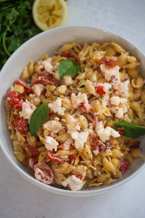 Lobster Pasta Salad Lobster Pasta Salad, Crab Louie Salad, Creamy Pasta Salad, Lobster Pasta, Creamy Pasta Salads, Seafood Lasagna, Grilled Chicken Thighs, How To Cook Lobster, Best Seafood Recipes