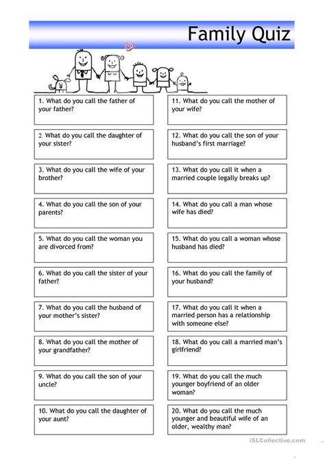 Quiz - Family - English ESL Worksheets Reflective Pronouns, Family Quiz Questions, Family Trivia Questions, Family Therapy Worksheets, Funny Quiz Questions, Quizzes And Answers, Trivia Questions For Kids, Family Quiz, Teaching Games