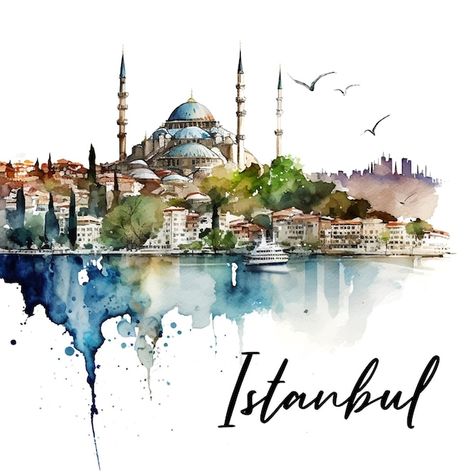 Picturesque landscape of istanbul waterc... | Premium Vector #Freepik #vector #istanbul #turkey-travel #istanbul-mosque #turkey Istanbul Watercolor Paintings, Istanbul Sketch, Drawing Istanbul, Istanbul Painting, Turkey Landscape, Mosque Drawing, Mosque Turkey, Istanbul Mosque, Picturesque Landscape