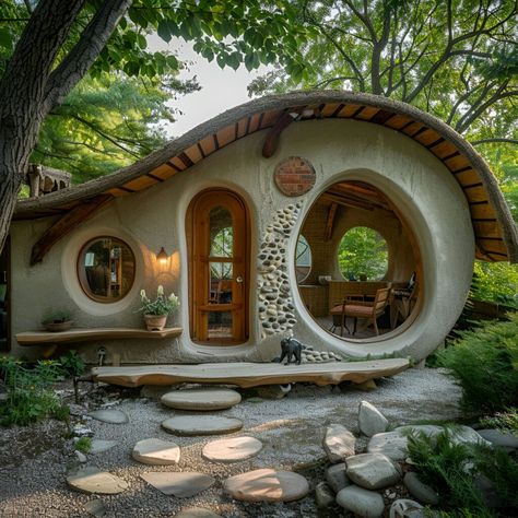 This charming cob house blends modern architecture and rustic charm with a wave-like roof and rounded, earthy-toned walls. Large, oval windows and a wooden door flood the bright, airy interior with natural light. Stone accents and a winding stone pathway lead through a lush garden, creating a serene, fairytale-like retreat that harmonizes beautifully with its forested surroundings. Perfect for those seeking a peaceful, nature-integrated living space. Houses Made Of Stone, Earth Ships Homes, Cob And Wood House, Earth Dome Homes, Tiny Wooden House, Earthship Exterior, Earth Ship House, Teepee House, Hyperadobe House