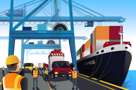 Cargo Ship Illustration, Transportation Logo, Container Terminal, Fish Gallery, Ship Vector, Urban Design Concept, Sea Port, Cargo Ship, Ancient Animals