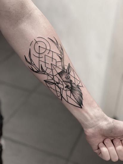 Stag Tattoo Design, Reindeer Tattoo, Deer Tattoo Designs, Geometric Wolf Tattoo, Geometric Animal Tattoo, Stag Tattoo, Forearm Band Tattoos, Prison Tattoos, Aries Tattoo