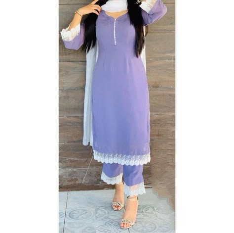 Plain Kurti Designs With Lace, Plane Suit Designs With Lace, Lass Design Suit, Simple Suit Designs, Lace Designs On Suits, Cotton Suit Designs, Suit With Dupatta, Lace Suit, Stylish Kurtis Design