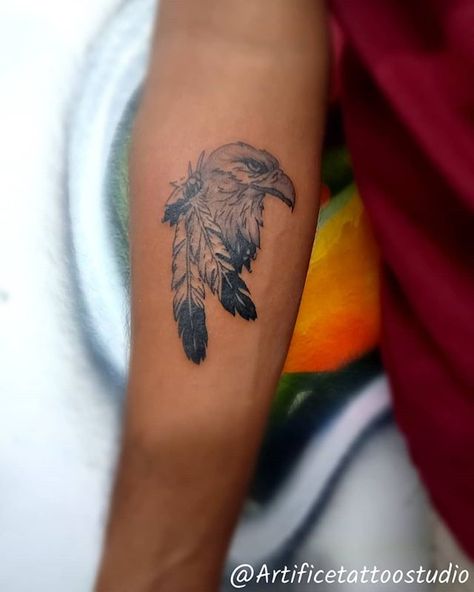 Native American eagle feather tattoo ✌ . artist - @anndy_tattoo 😎 . For appointment call/whatsapp - 9007007842 / 8274898386 📲 Feel free to… Tattoo Ideas Native American, Native American Eagle Tattoo, Eagle Feather Tattoo, American Eagle Tattoo, Eagle Neck Tattoo, Native American Feather Tattoo, Eagle Feather Tattoos, Rope Tattoo, Blue Ink Tattoos