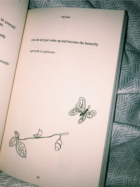 page of a book that reads “you do not just wake up and become the butterfly -growth is a process” Butterfly Caterpillar Tattoo, Rupi Kaur Tattoos, Milk And Honey Tattoo Ideas, Butterfly Quotes Tattoos, Milk And Honey Tattoo, Catapillar Butterfly Tattoo, Rupi Kaur Tattoo Ideas, Small Caterpillar Tattoo, Caterpillar Butterfly Tattoo