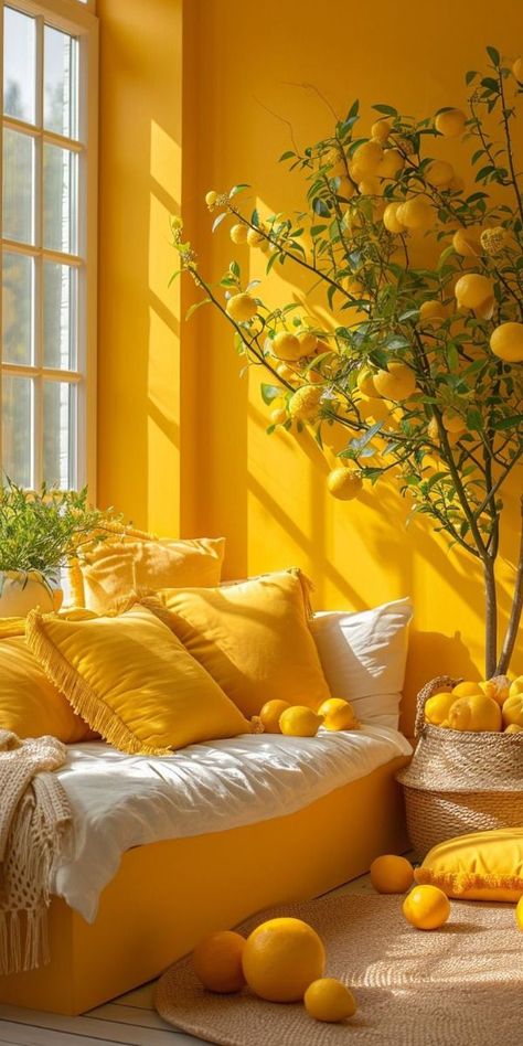 Lemon Tree Aesthetic Wallpaper, Yellow Wall Accent, Red And Yellow Room, Warm Yellow Aesthetic, Yellow Sunroom, Dayroom Yellow, Yellow Aesthetic Room, Yellow Painted Rooms, Yellow Curtains Bedroom