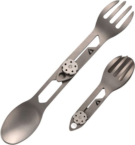 CMB Made Knives Titanium 2 in 1 Folding Fork and Spoon Combo Lightweight Camping Utensil, Spork for Backpacking, Hiking, Outdoor Survival Cutlery EDC Tool CMB-E01 Camping Cutlery, Silver Articles, Camping Utensils, Organized Bed, Camping Gadgets, Backpacking Camping, Backpacking Hiking, Fork And Spoon, Tableware Design