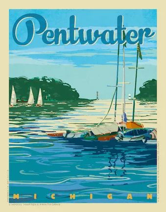 Pentwater Channel Print No. [101] | Martensprintworks - Vintage style poster art prints of Michigan and The Great Lakes Pentwater Michigan, Calming View, New England Town, England Town, Vintage Style Poster, Poster Art Prints, Tropical Travel, Water Adventure, Retro Travel Poster