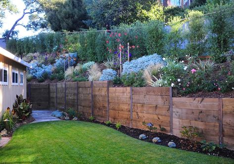 Northern California Landscaping - Novato, CA - Photo Gallery - Landscaping Network Wooden Retaining Wall, Wood Retaining Wall, Diy Retaining Wall, Backyard Retaining Walls, Garden Retaining Wall, Rustic Fence, Sloped Backyard, Landscaping Retaining Walls, Walled Garden