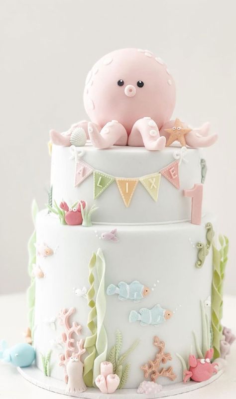 55+ Cute Cake Ideas For Your Next Party : Full Bloom Floral 2 Tier Cake Two The Sea Birthday Cake, 1st Birthday Cake Ideas, Cute Cake Ideas, Under The Sea Birthday Cake, Ocean Birthday Cakes, World Cake, Princess Ideas, Under The Sea Cake, Cake Boy