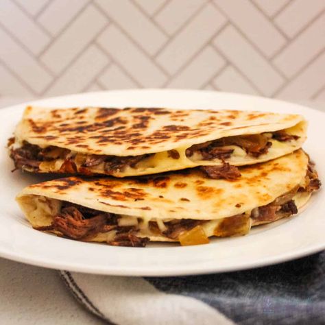 Leftover Beef Pot Roast Quesadillas - The Default Cook Mississippi Pot Roast Quesadilla, Pot Roast Quesadilla, Leftover Roast Beef Tacos, Roast Beef Quesadilla Recipes, Ideas For Leftover Roast Beef, Roast Beef Quesadillas, Leftover Beef Roast Recipes Easy Dinners, Recipes With Leftover Roast Beef, Roast Quesadilla