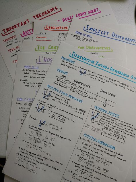 Want to pass your AP Calculus AB/Calc 1 class? I can help! These are some of the most important topics from AP Calc/Calc 1, taken when I took the class, re-written for neatness and understand-ability! I received an A in my class and a 5 on the AP exam, so I know these notes are helpful. I am now a math PhD student with many students who I tutor in calculus. The study guide is 7 pages and includes sections on some of the most hot topics of AP Calculus AB/Calc 1 (Derivatives Introduction, Difference Quotient, L'Hospital's Rule, Chain Rule, and Implicit Differentiation, as well as a Derivative Cheat Sheet, Antiderivative Cheat Sheet, and Important Theorems page) Want a calculus topic not featured here? I can't guarantee anything, but if you leave a review with your request I will try to make Ap Exam, Ap Calculus Ab, Studie Hacks, Ap Calculus, Studera Motivation, Ap Exams, School Goals, School Organization Notes, Study Organization