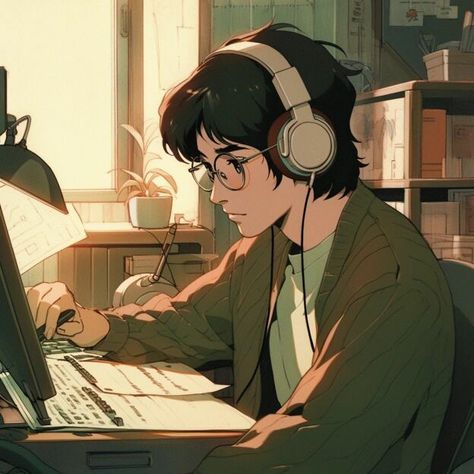 Studying Anime Pfp, Mens Profile Picture, Boy With Headphones Drawing, Anime Boy Studying, Boy With Glasses Drawing, Anime English, Anime Drawing Books, Boy Illustration, Boy Character