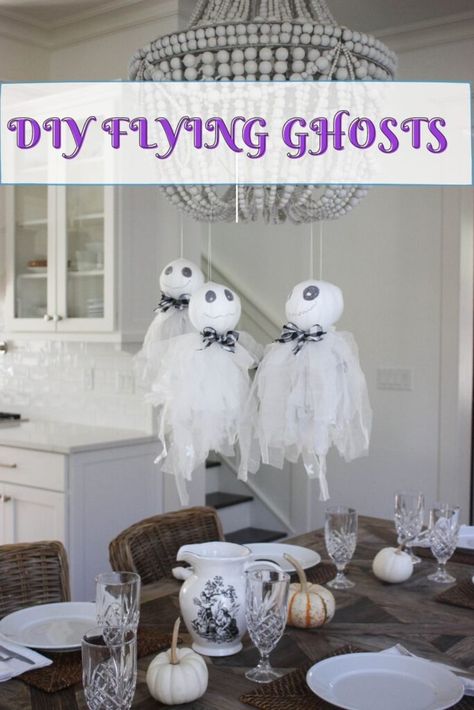 How To Make Halloween Hanging Ghosts Decorations Halloween Hanging Ghost, Disney Wreath, Tulle Crafts, Flying Ghost, Ghost Crafts, Spider Light, Old Sheets, Ghost Diy, Hanging Ghosts