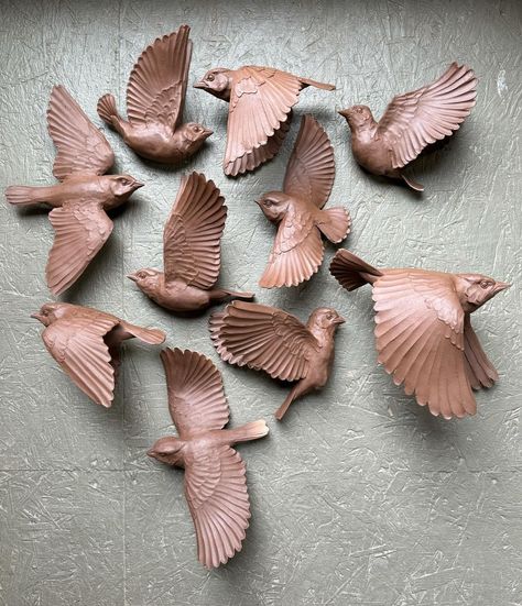 Pullin feathers for a bird in flight 🪶 (and trying to edit around all the times my head is blocking the camera 🙃) | Instagram Bird Sculpture Clay, Animal Installation, Bird Clay, Ceramic Birds Wall, Birds Sculpture, Ceramic Birds Sculpture, Animal Carving, Bird Sculptures, Clay Bird