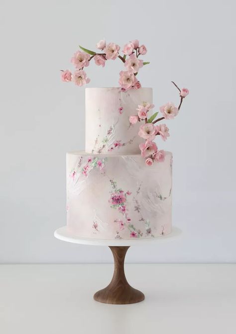 Cherry Blossom Wedding Cake, Pink Cake Box, Cherry Blossom Cake, Fondant Wedding Cakes, Traditional Wedding Cake, Cherry Blossom Wedding, Buttercream Wedding Cake, Cake Trends, Painted Cakes