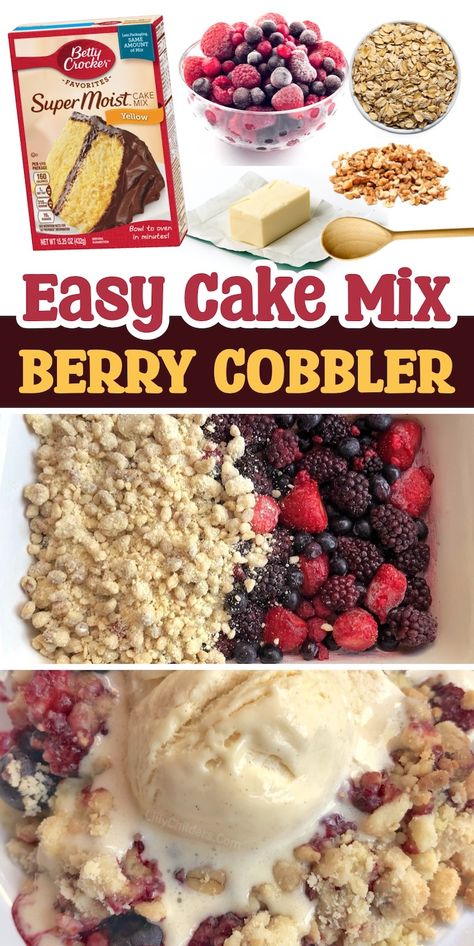 Easy Triple Berry Cobbler Made With Frozen Fruit & Cake Mix! Dump And Bake Berry Cobbler, Cake Mix And Fruit Recipes, Snickerdoodle Cookie Mix Berry Cobbler, Triple Berry Dump Cake, Mixed Berry Dump Cake Frozen Fruit, Cherry Cobbler Cake Mix Recipe, Berry Cobbler With Cake Mix Easy, Mixed Berries Cobbler, Fruit Cobbler With Cake Mix Easy Recipes