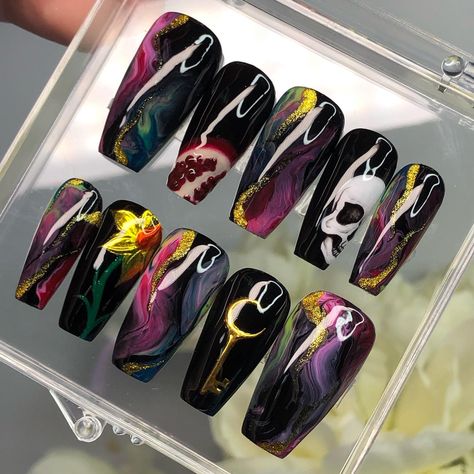 Custom set honoring Greek god & goddess Hades & Persephone 🗝️💀🌼 which is your fav nail?! #pressons #pressonnails #customnails #witchynails #hades #persephone #witchy #pressonnaillovers #nailart #nailartist #marblenails #swirlnails Persephone Nails, Hades Nails, Hades Persephone, Witchy Nails, God Goddess, Gel Press, Hades And Persephone, Greek God, Marble Nails