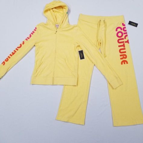 Juicy Couture Tracksuit Set New With Tags Yellow Terry Notes/Flaws Faint Marks On Bottom Of Leg, Might Come Off W/ A Wash Pants Medium No Pockets Loose / Straight Leg Juicy Logo Spelled Out Approximate " Laying Flat: Waist 16" Back Rise 10.5" Front Rise 9.5" Inseam 28" Total Length: 39" Zip Up Jacket Large But Fits Snug (On A Small/Medium Mannequin) Hoodie Approximate " Laying Flat: Pit-Pit 16" Pit-Bottom 14.5" No Separating Yellow Tracksuit, Juicy Couture Track Suit, Yellow Y2k, Logo Y2k, Full Tracksuit, Juicy Couture Tracksuit, Large Jacket, Juicy Couture Pants, Couture Pants