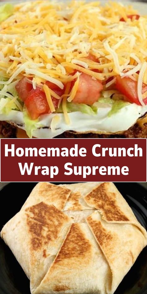 This recipe recreates a popular fast-food item at home. It involves creating a layered delight with seasoned ground beef or turkey, nestled with crisp lettuce, fresh diced tomatoes, sour cream, and a melty blend of cheeses. All these ingredients are neatly wrapped in a large flour tortilla and grilled until crispy. Crunch Wrap Supreme Recipe, Crunchwrap Supreme Recipe, Taco Bell Crunchwrap Supreme, Taco Bell Crunchwrap, Homemade Crunchwrap, Copycat Taco Bell, Crunchwrap Supreme, Viral Recipes, Crunch Wrap