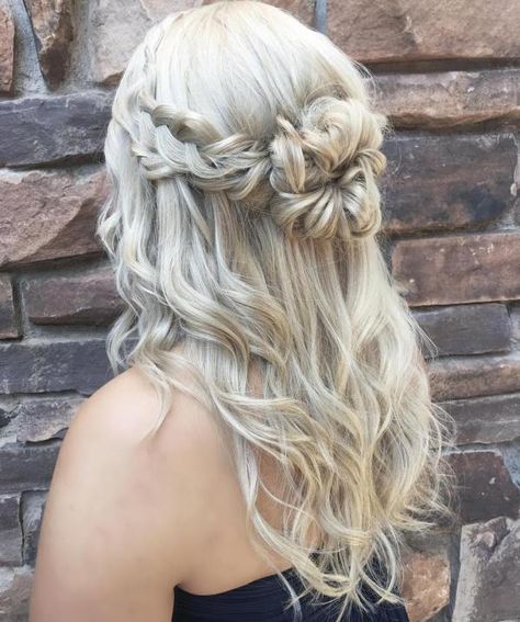 Blonde Half Updo With Braids And Bun Half Up Half Down Hair Braided Bun, Hair Designs For Girls, Braided Half Updo, Dance Hair, Braided Hairstyle, Hoco Hairstyles, Dance Hairstyles, Wedding Hairstyles Half Up Half Down, Half Updo