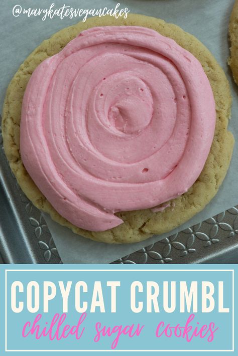 These copycat crumbl chilled sugar cookies are topped with the most delicious almond frosting! #vegan #veganrecipe #veganrecipeseasy #vegandessert #vegandessertrecipes #marykatesvegancakes Dairy Free Crumbl Cookie, Vegan Crumbl Cookies, Vegan Crumble Cookies, Vegan Copycat, Cooked Frosting, Vegan Crumble, Almond Frosting, Crumble Cookie Recipe, Crumble Cookie