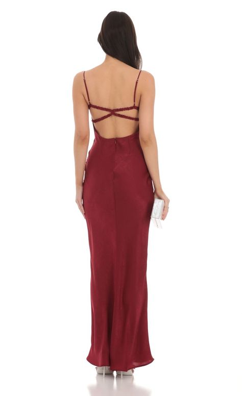 Satin Open Back Maxi Dress in Red | LUCY IN THE SKY Merlot Dress Outfit, Dark Red Prom Dress, Merlot Dress, 90s Fashion Show, Maroon Bridesmaid Dresses, Anniversary Dress, Prom Dress Inspo, Open Back Maxi Dress, Fall Wedding Guest Dress