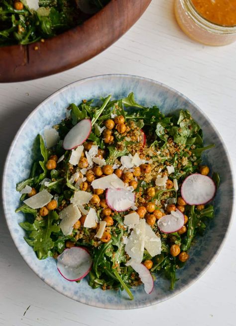 Arugula Quinoa Salad with Lemon Caesar Vinaigrette Lemon Arugula Salad, Caesar Vinaigrette, Quinoa Salad Dressing, Healthy Easter Recipes, Crispy Quinoa, Crunchy Chickpeas, Spring Recipe, Salad With Lemon, Arugula Salad