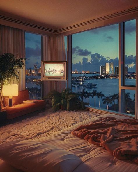 Miami Vice House, Miami 80s Interior, 80s Miami Aesthetic Home, Modern 80s Decor, Miami 80s Aesthetic, 80s Miami Aesthetic, 90s Apartment, 80s Futurism, Miami Vice Aesthetic