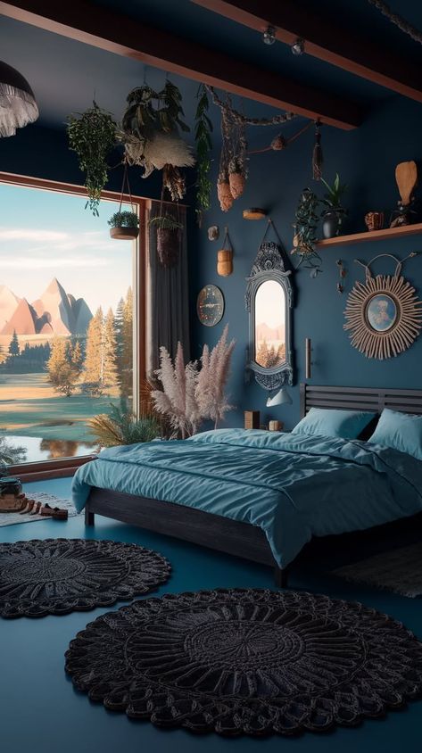 40+ Viral-Approved Dark Blue Bedroom Design Concepts for an Unforgettable Space Moody Minimalist Bedroom, Avatar Themed Room, Night Bedroom Aesthetic, Blue And Tan Bedroom, Blue And Silver Bedroom, Sea Bedroom Ideas, Bed Rooms Ideas For Couples, Midnight Bedroom, Navy Gold Bedroom