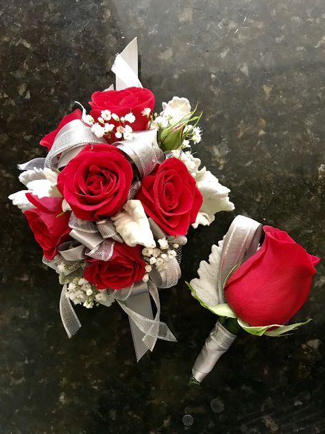 White And Red Corsage And Boutonniere, Red And White Corsage Prom, Red And White Corsage And Boutonniere, Red And Silver Corsage And Boutonniere, Red Corsage And Boutonniere Prom, Prom Corsage And Boutonniere Red, Corsage Red Dress, White And Red Corsage, Red And Silver Corsage