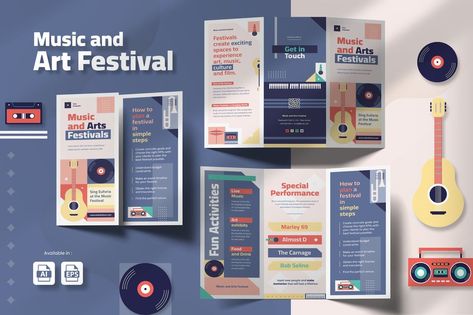 Music and Arts Festivals Brochure Template Music Festival Brochure, Music Brochure Design, Music Brochure, Festival Brochure, Event Collateral, Music And Arts, Leaflet Design, Booklet Design, Trifold Brochure