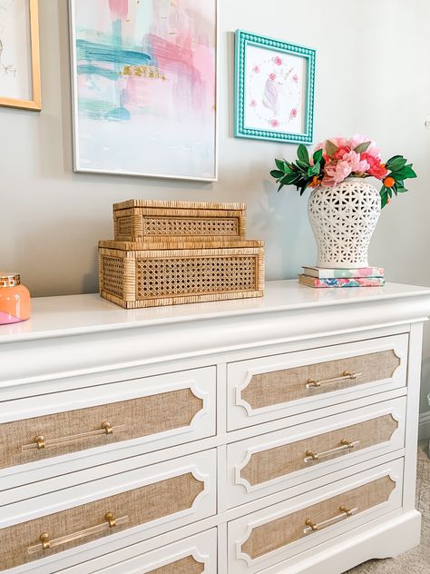 Textured Wallpaper On Dresser, Textured Dresser Makeover, Dresser Runner Ideas Bedroom, Wallpaper Ikea Furniture, Ikea Songesand Dresser Hack, Drawer Front Makeover, Songesand Dresser Hack, Koppang Dresser Hack, Above Dresser Wall Decor