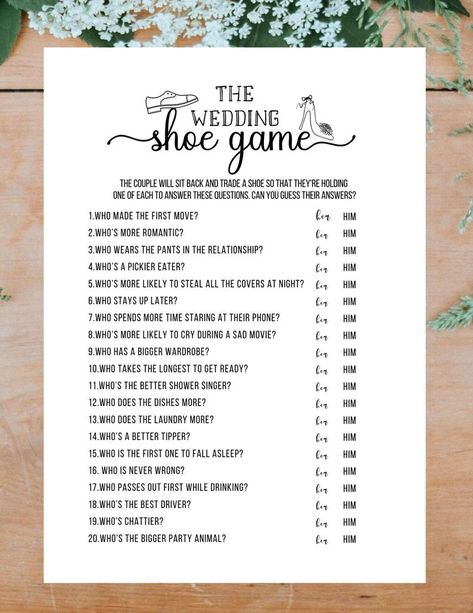 The Wedding Shoe Game Bridal Shower Game Printable PDF Bride | Etsy Wedding Game For Bride And Groom, Engagement Games Party, Bridal Shower Drinking Games, Co Ed Wedding Shower Games, Wedding Games For Bride And Groom, Bride And Groom Shoe Game, Bride Groom Games, Bridal Shower To Do List, Couples Wedding Shower Decorations