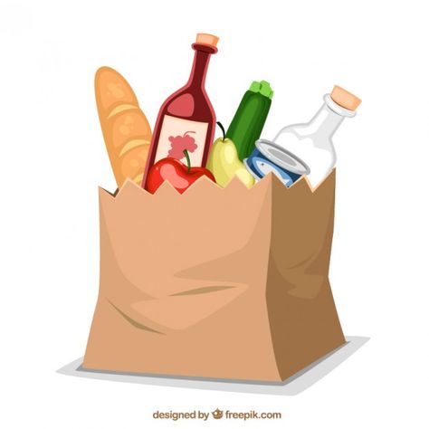 Paper bag with food | Free Vector #Freepik #freevector #food #paper #wine #milk Bag Png, Grocery Supermarket, Bedroom Drawing, Bag Illustration, Drawing Bag, Food Bag, Gift Bouquet, Illustration Food, Food Shop