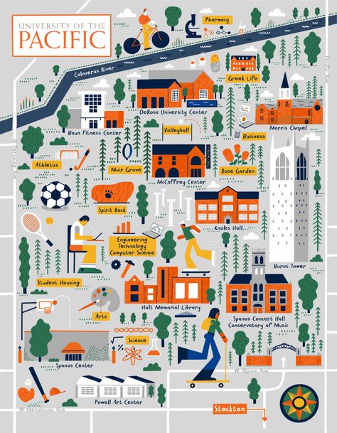 Illustrated Campus Map of University of the Pacific in Stockton, California by Nate Padavick — Nate Padavick School Map Design, Collage Campus Design, Campus Illustration, College Map Design, Creative Maps, Creative Map Design, Map Illustration Design Graphics, Campus Map Design, College Campus Illustration