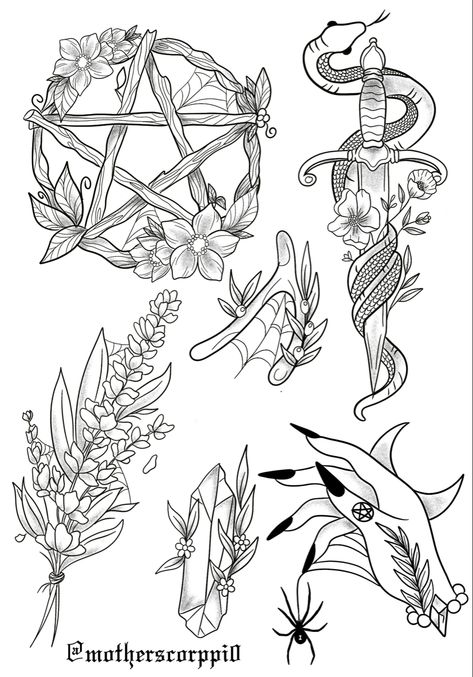 Pentacle Tattoo, Elements Tattoo, Witch Tattoo, Floral Cottage, Muster Tattoos, Spooky Tattoos, Goblin Core, Pentacles, Witch Art