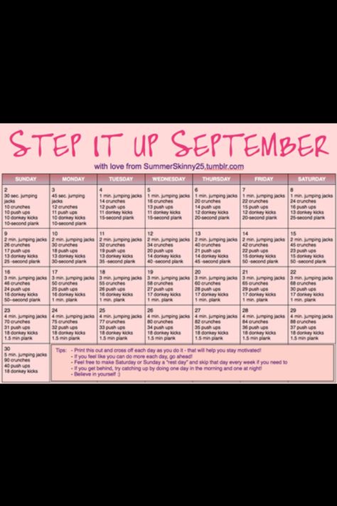 Step it up September September Fitness Challenge, Exercise Schedule, September Challenge, Month Workout, Monthly Calendars, Popular Workouts, Toning Workouts, Fitness Challenge, Workout Schedule